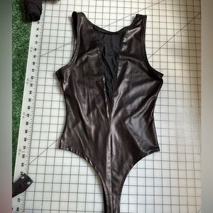 Faux Leather and Mesh V Bodysuit
